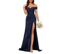 KURFACE Abito da sera lungo da donna, con spalle scoperte, in raso, con spacco, plissettato, senza maniche, abito da sera, blu navy, 24 Più