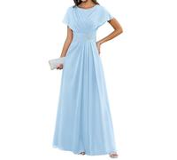 KURFACE Abito da sera lungo da donna per la madre della sposa, plissettato, scollo rotondo, in chiffon, formale, Azzurro, 64 Più