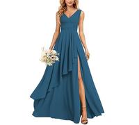 KURFACE Abito da sposa con scollo a V lungo scollo a V abiti da damigella d'onore in chiffon per le donne con tasche, Blu ottanio, 40