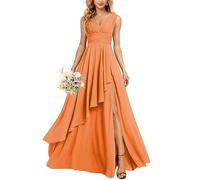 KURFACE Abito da sposa con scollo a V lungo scollo a V abiti da damigella d'onore in chiffon per le donne con tasche, Arancione, 32 Plus
