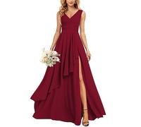 KURFACE Abito da sposa con scollo a V lungo scollo a V abiti da damigella d'onore in chiffon per le donne con tasche, Rosso vinaccia, 50