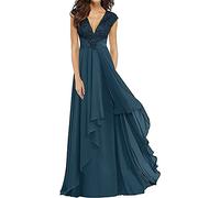 KURFACE abito lungo per la madre della sposa con ruches, scollo a V, senza maniche, da sera, per invitate al matrimonio, da donna, 44