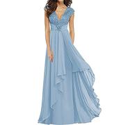 KURFACE abito lungo per la madre della sposa con ruches, scollo a V, senza maniche, per ospiti di matrimonio, abiti da sera per donne, blu cielo, 40