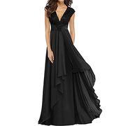 KURFACE Madre della sposa sposo abito lungo volant scollo a V senza maniche abiti da sera per gli ospiti di nozze per le donne, Nero , 48