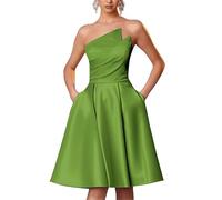 KURFACE Senza spalline Satin Homecoming Abiti per adolescenti con tasche Una linea abito da ballo senza maniche lunghezza al ginocchio abito da cocktail, Verde oliva, 46