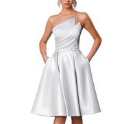 KURFACE Senza spalline Satin Homecoming Abiti per adolescenti con tasche Una linea abito da ballo senza maniche lunghezza al ginocchio abito da cocktail, bianco, 42