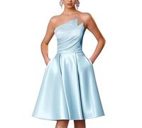 KURFACE Senza spalline Satin Homecoming Abiti per adolescenti con tasche Una linea abito da ballo senza maniche lunghezza al ginocchio abito da cocktail, Azzurro, 62 Più