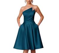 KURFACE Senza spalline Satin Homecoming Abiti per adolescenti con tasche Una linea abito da ballo senza maniche lunghezza al ginocchio abito da cocktail, Pavone, 46