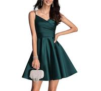 KURFACE Spaghetti Strap V Neck Satin Homecoming Abiti per Adolescenti Pieghettato Una Linea Abito di Sfera Breve Prom Dress, Pavone, 50