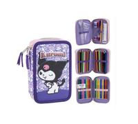 Kuromi - Astuccio doppio Hello Kitty per bambina e bambino, con accessori, 3 scomparti con cerniera e set di cancelleria, colore viola, taglia unica, per il ritorno a scuola