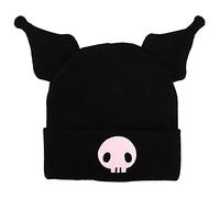 Kuromi Cuffed Knit Logo ricamato con orecchie di peluche 3D Beanie Hat Nero
