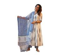 kurta - Set da donna indiana, in cotone o rayon kurti con palazzo, pantaloni da festa, bianco sporco, Large
