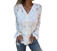 KURTIK Womens Lace Tops And Blouses Cutout Embroidered V-Neck Button Long Sleeve Top 2025 Floral Lace Long Sweater for Women (White,L)