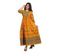 Kurtis - Top a tunica da donna, stile etnico indiano, in cotone rayon, Anarkali Kurta, Giallo-1., X-Large