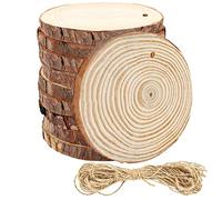 Kurtzy 10 Fette di Legno Con Fori e Spago - Dischi 10-12 cm Diametro e 10mm Spessore - Tronchi Decorativi Con Corteccia - Cerchi per Fai da Te - Ornamenti Natale