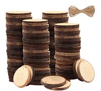 Kurtzy Dischetti Legno Grezzo (100pz) - 3-5 cm di Diametro, 5 mm di Spessore - Cerchi Fette Preforate e 20m Spago Iuta -Dischi con Corteccia e Finitura Liscia per Artigianato e Decorazioni