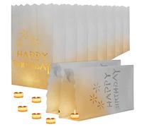Kurtzy Lanterne di Carta Bianche (10pz) - Sacchetti Ignifughi per Candele - Lanterna Porta Candele Happy Birthday per Candele e Luci a LED/Senza Fiamma - Decorazione per Interni o Esterni per Feste