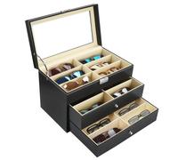 Kurtzy Scatola Porta Occhiali da Sole in Similpelle Nera - 18 Slot per Occhiali - Organizer Occhiali da Sole a 3 Livelli con Serratura e Cassetti - Portaocchiali Multiplo per Gioielli ed Orologi