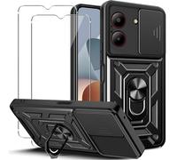 KUSINHOKA Cover per ZTE Blade A54 con Staffa + [2 Pezzi] Pellicola Vetro Temperato, [Protezione Fotocamera Slide] Anti-Graffio Custodia in Silicone e PC, Bumper Case Protettiva Cover, Nero