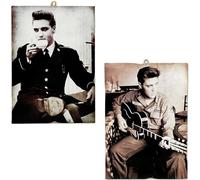 KUSTOM ART 2 Quadri Quadretti da Parete Elvis Presley con Chitarra e con Caffè Stampa su Legno 15x10 cm.