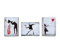 KUSTOM ART 3 Quadretti Stile Vintage Bansky Stampa Su Legno 18 x 25 cm.