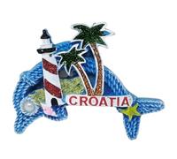 KUSTOM ART Calamita da Frigorifero Croazia a Forma di Delfino Blu con Palme e Faro Magnete 3D da Collezione 8x6cm CC-8
