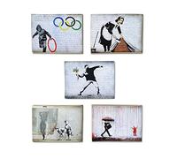 KUSTOM ART Composizione da 5 Quadretti Stile Vintage Serie Banksy Stampa su Legno 18x25cm