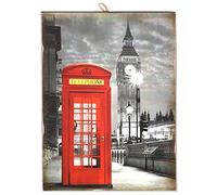 KUSTOM ART CUCUBA Quadro Quadretto Stile Vintage Serie Londra London Big Ben and Red Telephone Box. Stampa Su Legno 24 x17 cm