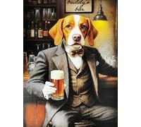 KUSTOM ART Poster Decorativo da Parete Serie Animali Aristocratici Cane Beagle con Birra al Bancone Bar Stampa Artistica su Carta Patinata 40x30 cm Senza Cornice