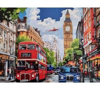 KUSTOM ART Poster Decorativo da Parete Serie Paesaggi e Città Strada Londra Illustrazione con Bus a Due Piani e Big Ben Stampa Artistica su Carta Patinata 40x30cm Senza Cornice