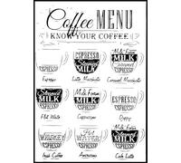 KUSTOM ART Quadro da Parete o da Tavolo Conosci il Tuo Caffè Coffee Menu Stampa su Legno 30x21 cm.