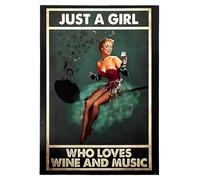 KUSTOM ART Quadro da Parete Serie Citazioni e Aforismi Just a Girl Who Loves Wine and Music Stile Vintage Stampa su Legno 30 x 21 cm