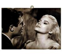 KUSTOM ART Quadro Quadretto Stile Vintage Serie Film Famosi Attori Italiani La Dolce Vita Marcello Mastroianni Anita Ekberg Stampa su Legno 25x18 cm.