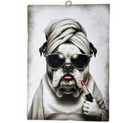 KUSTOM ART Quadro Serie Animali Aristocratici Cane Bulldog Inglese con Occhiali da Sole Rossetto e Asciugamano Stampa su Legno 25x18cm