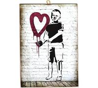 KUSTOM ART Quadro Stile Vintage Banksy Bambino che Dipinge Cuore Stampa su Legno 10X15cm