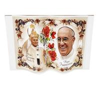 KUSTOM ART Santino Soprammobile Ornamentale a Forma di Libro Papa Francesco con Papa Giovanni Paolo Secondo II Stampa su Legno 10x7cm
