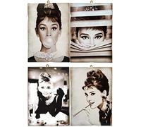 KUSTOM ART Set 4 Quadri Quadretti Stile Vintage Serie Attori Famosi Audrey Hepburn Stampa su Legno 18x25 cm.