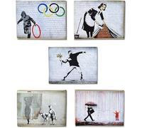KUSTOM ART Set 5 Calamite Magneti Serie Banksy Vintage da Collezione Stampa su Legno 10x6cm
