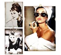 KUSTOM ART Set di 3 Quadretti Stile Vintage Serie Attori Famosi Audrey Hepburn. Stampa su Legno 18x25 (1) e 15 x10 (2) cm.