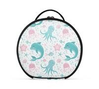 Kutsu Beauty case portatile con delfini marini, con divisori regolabili, organizer rotondo rigido per artisti, per donne e ragazze, Come nella foto, 28x26x9 cm