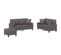 KUTYWEXFM Set di 3 divani con sgabello e cuscino, in ecopelle, grigio | Elegante set divano in robusta ecopelle di colore grigio, ideale come comodo gruppo di sedute per il vostro soggiorno.