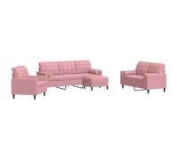 KUTYWEXFM Set di 4 divani con cuscino in velluto rosa | Elegante tre posti, due posti, poltrona e sgabello con struttura in metallo per soggiorno, camera degli ospiti o ufficio.