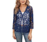 KUUFUUT Elegante Coprispalle da Donna A Maniche A 3 4 in Pizzo Floreale Trasparente Giacca Festiva per Abito da Sera Bolero da Ufficio in Pizzo Aperto sul Davanti Blu Royal Taglia XL
