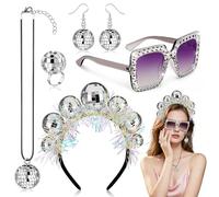 Kuvarix 5 Pezzi Accessori Discoteca per Donne, Discoteca Fascia Capelli Occhiali Orecchini Collana Anelli, Disco Party Accessori per Carnevale, Oggetti Di Scena Per La Fotografia