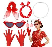 Kuvarix Accessori Anni 50 Donna Set, Kit Rockabilly 8 Pezzi Costume Vintage con Bandana a Pois, Sciarpa Chiffon, Guanti Satin, Occhiali Sole, Orecchini & Collana Perle per Carnevale, Festa a Tema