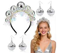 Kuvarix Accessori Disco con Palla Specchiata, 1 Cerchietto Disco con 2 Paia di Orecchini Disco Ball, Costume Donna Anni 70 e 80 per Feste a Tema, Carnevale, Capodanno e Party Retrò