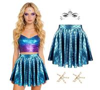 Kuvarix Costume da Sirena da Donna, Gonna a Sirena Lucida, Gemme Strass Viso, 2 Fermagli per Capelli a Stella Marina, Set di Costume da Sirena per Cosplay Carnevale e Feste a Tema