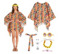 Kuvarix Costume Hippie Donna Anni 70, 6 Pezzi Vestito Hippie Donna con Poncho, Collana, Orecchini, Fascia per Capelli, Occhiali da Sole, per Carnevale, Martedì Grasso, Discoteca, Feste (B)