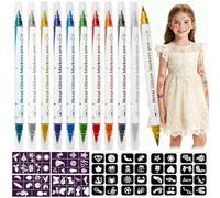 Kuvarix Penne Glitter Tatuaggi per Bambini, Kit Tatuaggi Glitter per Bambini con 10 Pennarelli Glitter e 72 Stencil Tattoo, Tatuaggi di Stile Disegnati a Mano, Gadget Compleanno Bambina 5 6 7 8 9 Anni