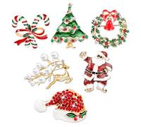 Kuvarix Spilla natalizia, 6 pezzi, in lega, intarsiata con strass e perle finte, per abbinare vestiti, borse, sciarpe, per donne, uomini, bambini